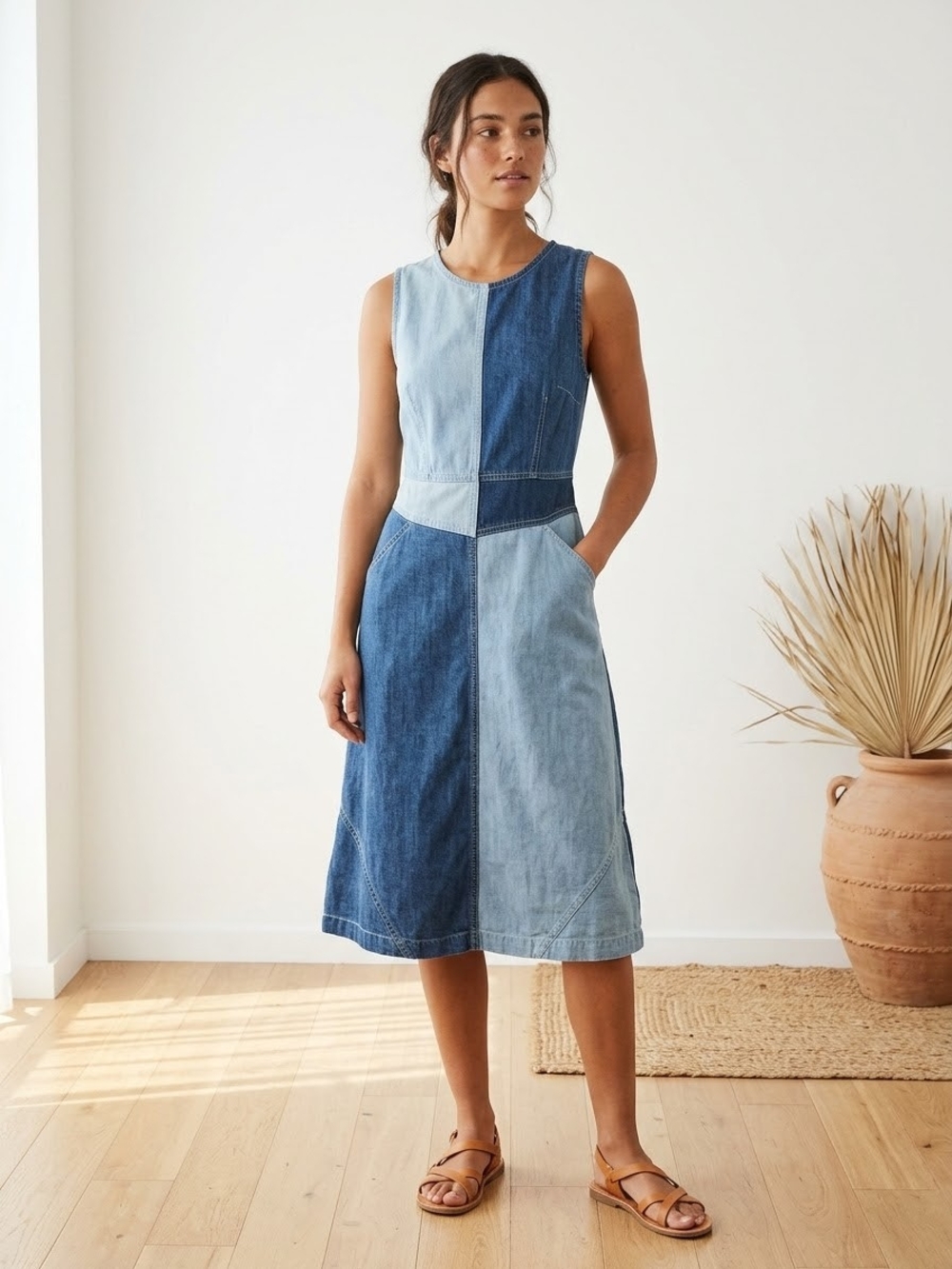 HOLDING HORSES Two-Tone Patchwork Denim Midi Dress Size 4